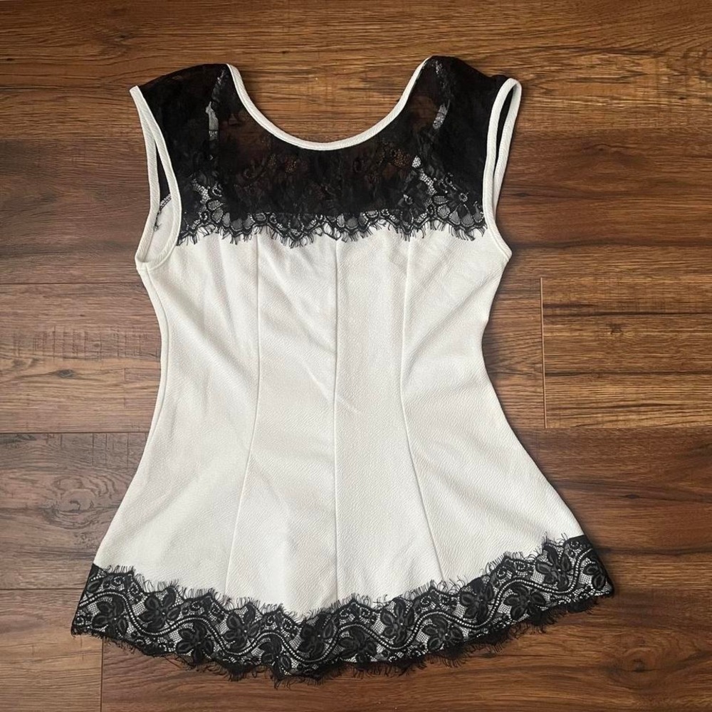 Suzy Shier Y2K Lace Trim Peplum Tank White & Black Lingerie Style Top Whimsygoth